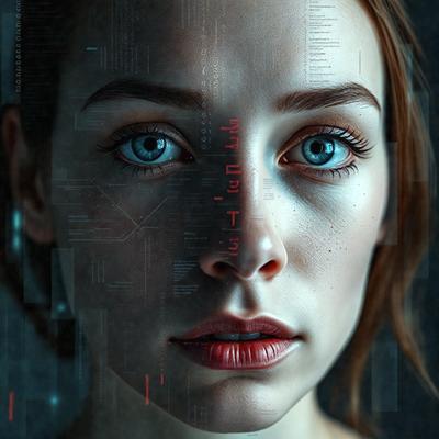 The primary subject of the image is a woman with blue eyes, who is looking directly at the camera. She has a pink lipstick on her lips. The setting is a computer screen, and the visual style is digital art. The colors in the image are predominantly blue and pink, creating a calm and inviting atmosphere.
